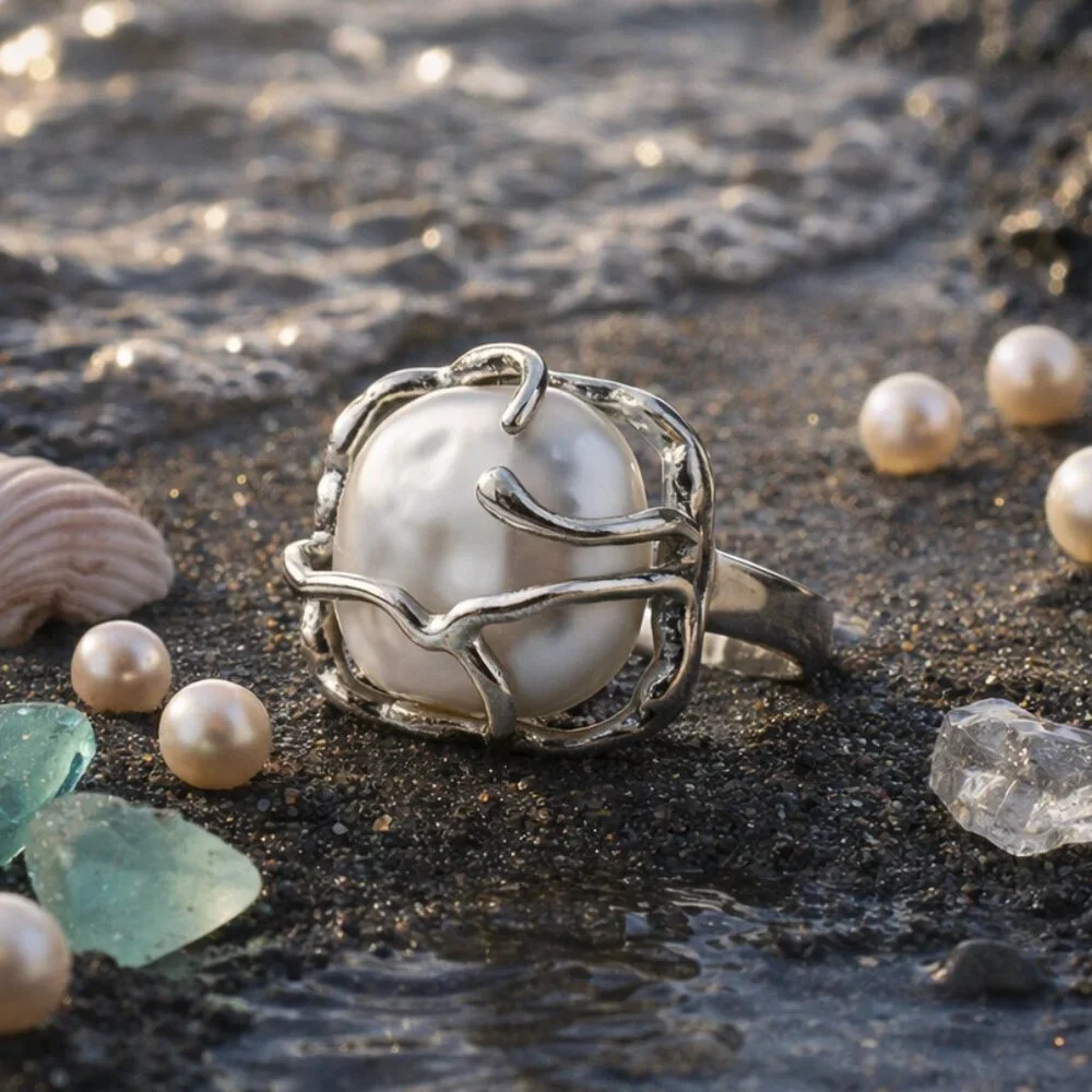 925 Sterling Silver Sculptural Faux Baroque Pearl Statement Ring Adjustable 6-9